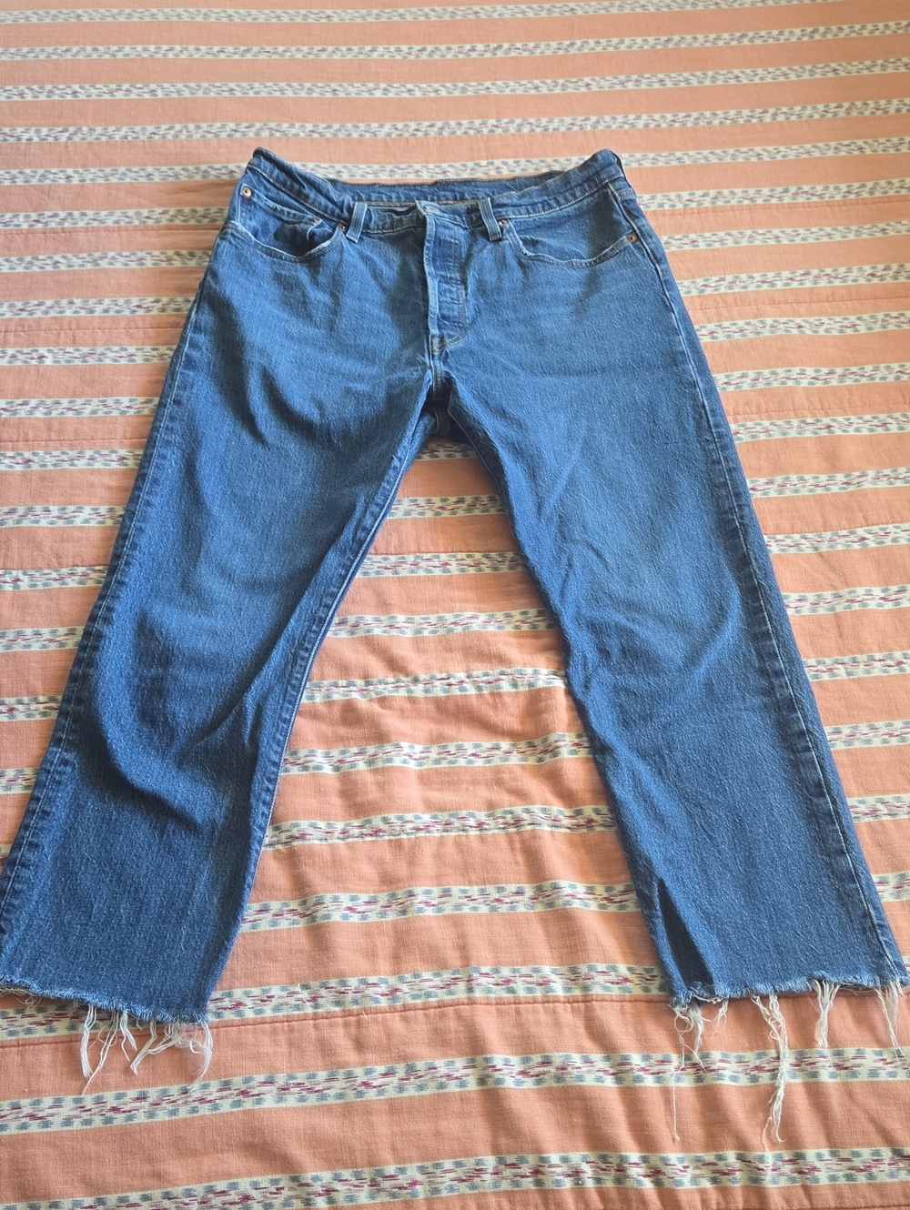 Classic Levi's 501 Button Fly Blue Jeans Raw Hem